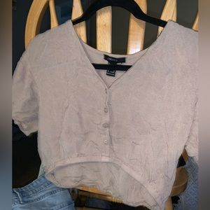 TV-neck tan crop top with elastic waistband